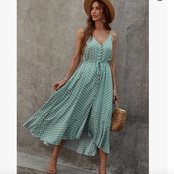 Flowy Green/White Polka Dot Green Sun Dress NWOT - Picture 3 of 8